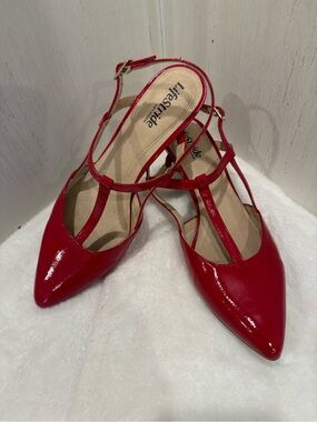 Life Stride Red Patent T-Strap Pointed 3 inch Heels with Ankle Buckle
